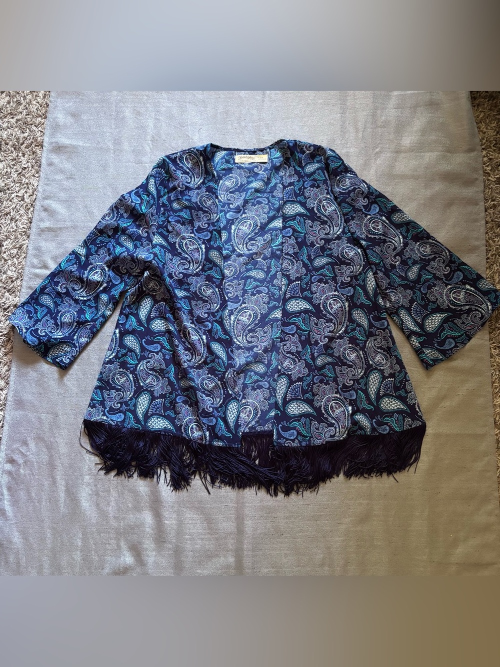 Faded Glory Blue Paisley Open Front Fringe Jacket